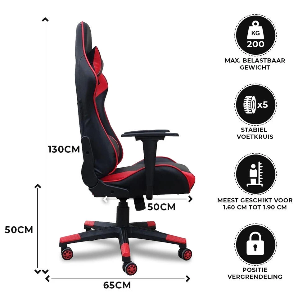 Gamestoel Las Vegas - Zwart / Rood - Gaming Stoel - Bureaustoel 5 Gamestoel Las Vegas - Zwart / Rood - Gaming Stoel - Bureaustoel - Afbeelding 3