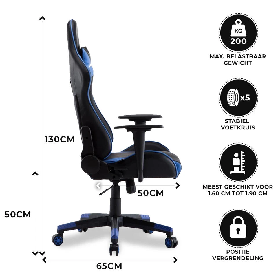 Gamestoel Las Vegas - Zwart / Blauw - Gaming Stoel - Bureaustoel 5 Gamestoel Las Vegas - Zwart / Blauw - Gaming Stoel - Bureaustoel - Afbeelding 3