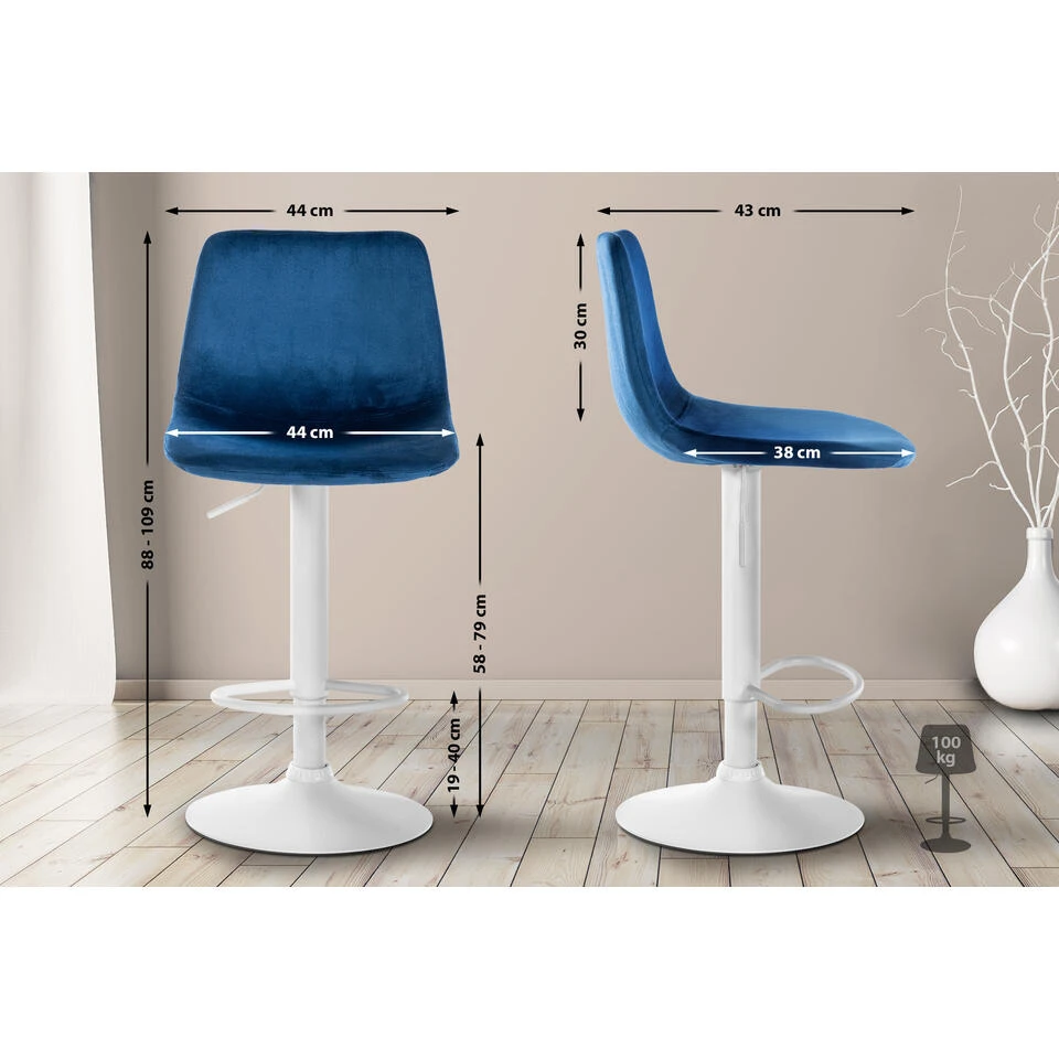 CLP Barkruk Divo Fluweel Wit Frame Blauw 4 CLP Barkruk Divo Fluweel Wit Frame Blauw - Afbeelding 2