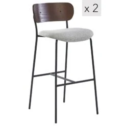 Set Van 2 Barkrukken Van Metaal En Essen Hout, Grijze Stoffen Bekleding