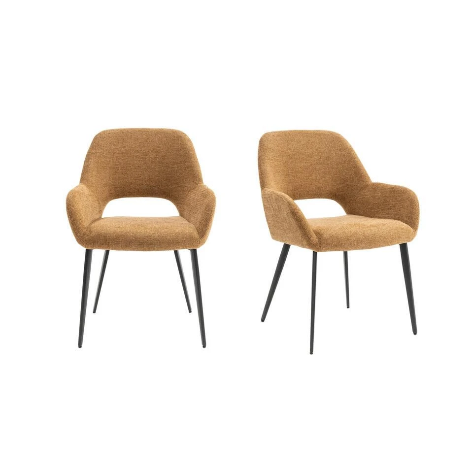 Eetkamerstoelen Set Van 2 Met Armleuning - Levi Mosterd Geel Stof 3 Eetkamerstoelen Set Van 2 Met Armleuning - Levi Mosterd Geel Stof