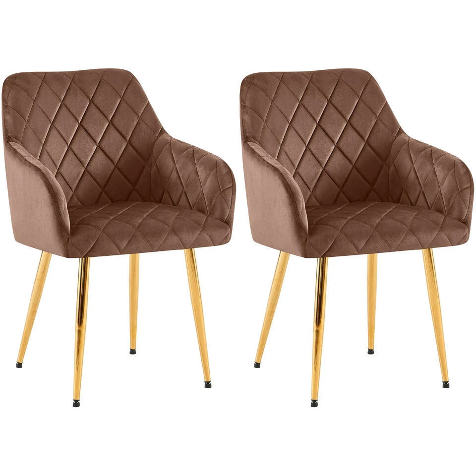 CLP Set Van 2 Eetkamerstoel Monett Goud Frame - Fluweel - Bruin 3 CLP Set Van 2 Eetkamerstoel Monett Goud Frame - Fluweel - Bruin
