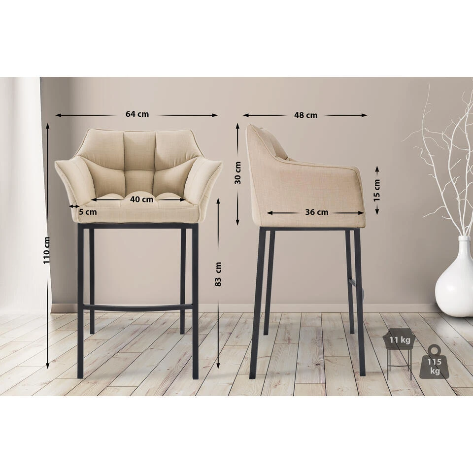 CLP Barkruk Damaso Zwart Frame - Stof - Creme 4 CLP Barkruk Damaso Zwart Frame - Stof - Creme - Afbeelding 2