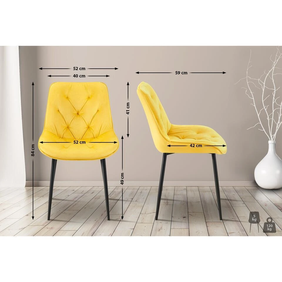 CLP Eetkamerstoel Wallace Zwart Frame - Fluweel - Geel 4 CLP Eetkamerstoel Wallace Zwart Frame - Fluweel - Geel - Afbeelding 2