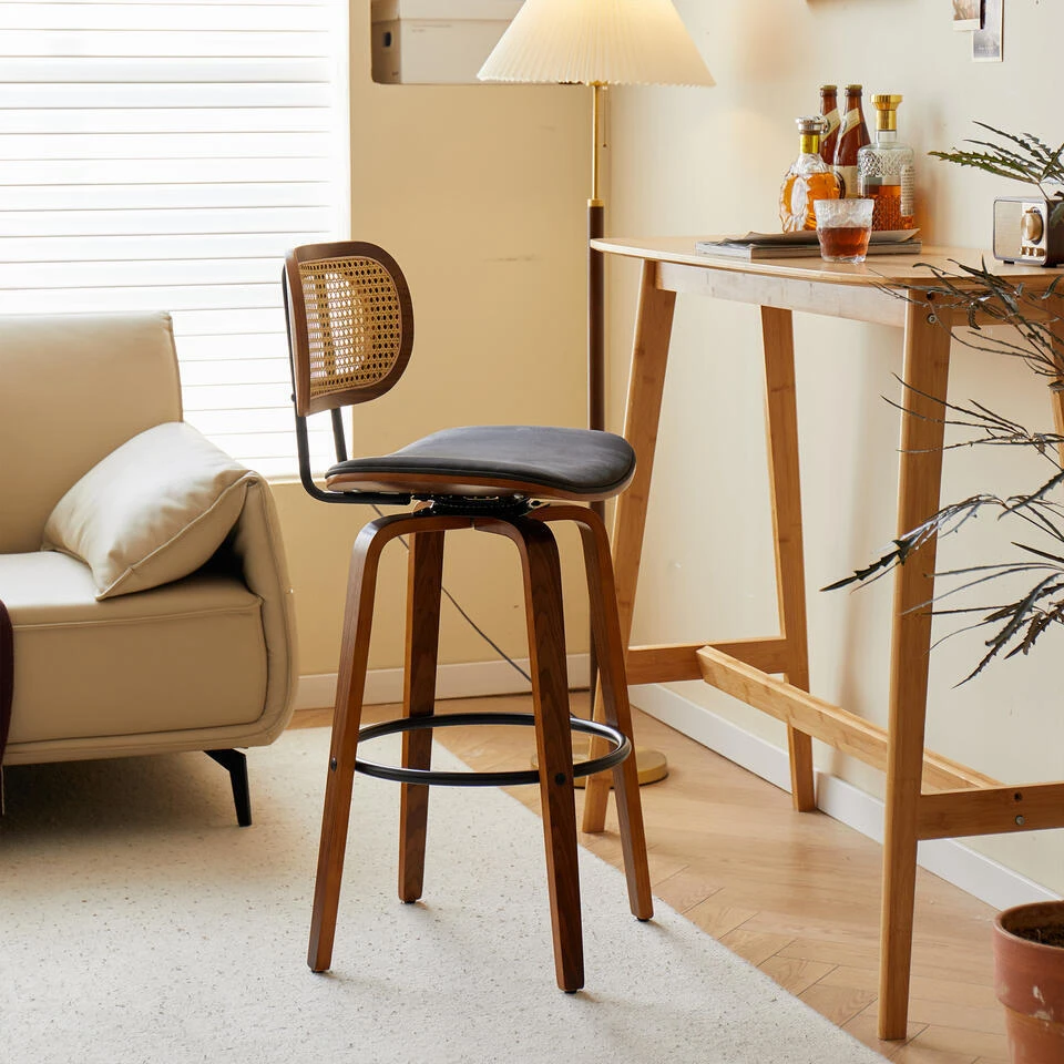 Set Van 2 Barkrukken Hout Rotan 6 Set Van 2 Barkrukken Hout Rotan - Afbeelding 4