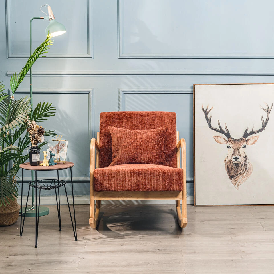 Schommelstoel Van Massief Hout En Terracotta Stof 5 Schommelstoel Van Massief Hout En Terracotta Stof - Afbeelding 3