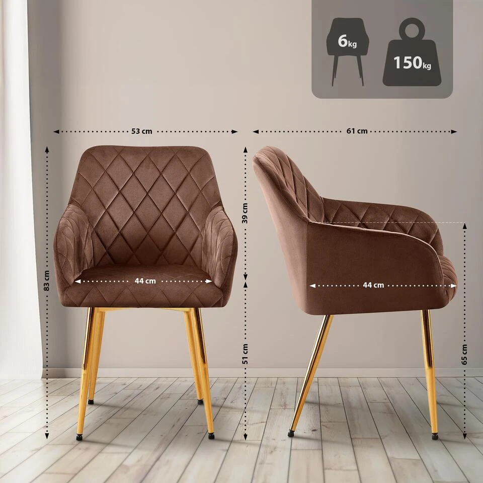 CLP Set Van 2 Eetkamerstoel Monett Goud Frame - Fluweel - Bruin 4 CLP Set Van 2 Eetkamerstoel Monett Goud Frame - Fluweel - Bruin - Afbeelding 2