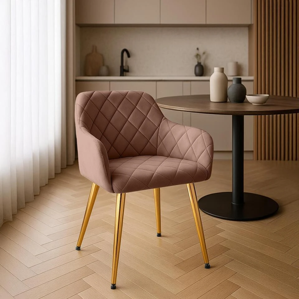 CLP Set Van 2 Eetkamerstoel Monett Goud Frame - Fluweel - Bruin 5 CLP Set Van 2 Eetkamerstoel Monett Goud Frame - Fluweel - Bruin - Afbeelding 3