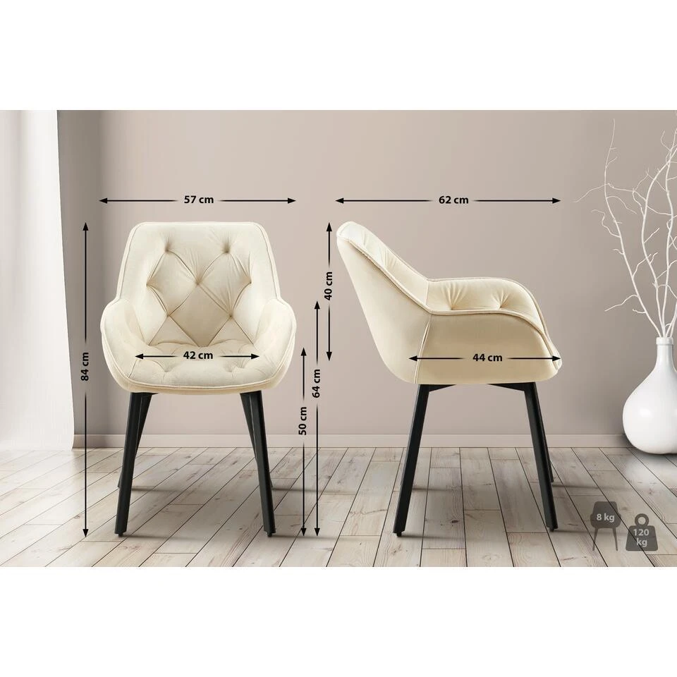 CLP Eetkamerstoel Antigo Zwart Frame - Fluweel - Creme 4 CLP Eetkamerstoel Antigo Zwart Frame - Fluweel - Creme - Afbeelding 2