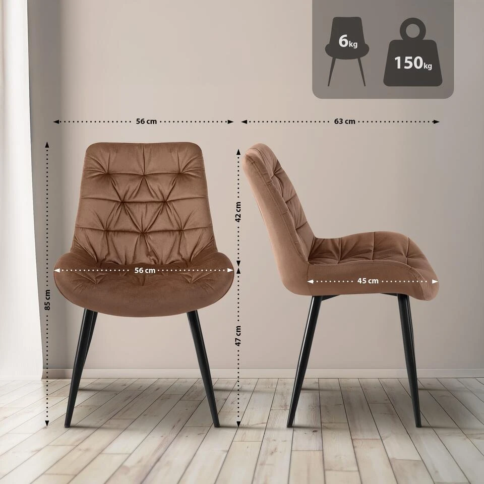 CLP Eetkamerstoel Rossford Zwart Frame - Fluweel - Bruin 4 CLP Eetkamerstoel Rossford Zwart Frame - Fluweel - Bruin - Afbeelding 2