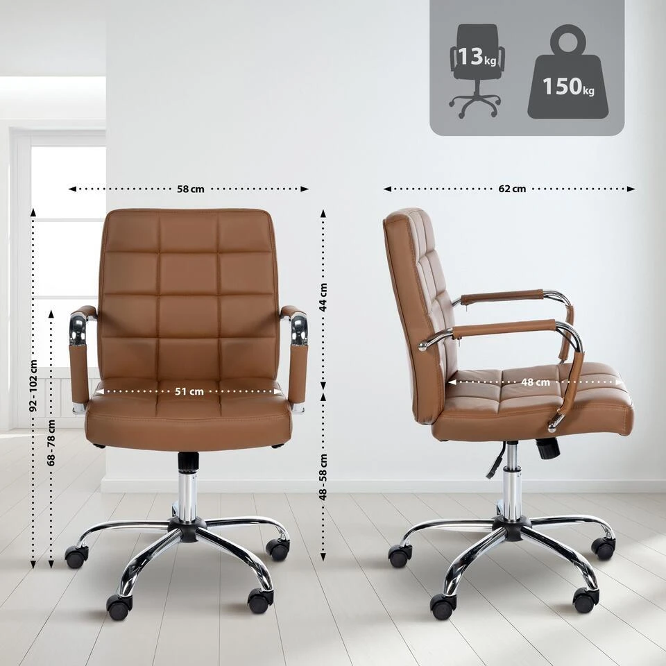 CLP Bureaustoel Ashland Chroom Frame - Kunstleer - Licht Bruin 4 CLP Bureaustoel Ashland Chroom Frame - Kunstleer - Licht Bruin - Afbeelding 2