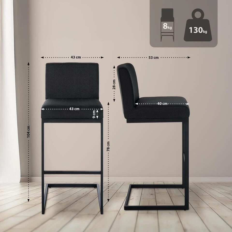 CLP Barkruk Hopewell Zwart Frame - Stof - Donkergrijs 4 CLP Barkruk Hopewell Zwart Frame - Stof - Donkergrijs - Afbeelding 2