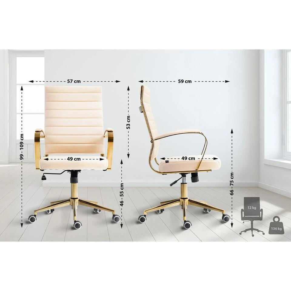 CLP Bureaustoel Havanna Goud Frame - Kunstleer - Creme 4 CLP Bureaustoel Havanna Goud Frame - Kunstleer - Creme - Afbeelding 2