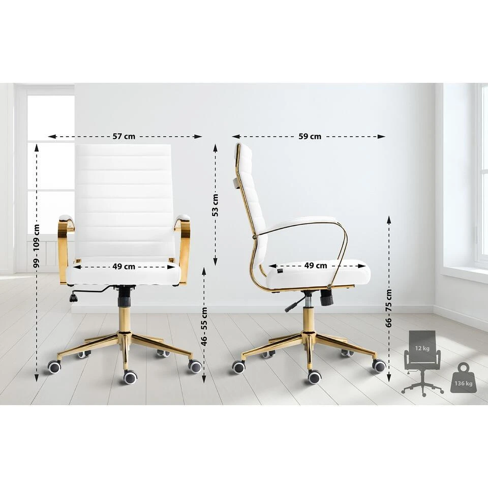 CLP Bureaustoel Havanna Goud Frame - Kunstleer - Wit 4 CLP Bureaustoel Havanna Goud Frame - Kunstleer - Wit - Afbeelding 2