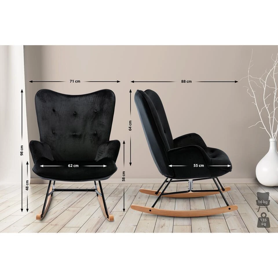 CLP Schommelstoel Sanka Fluweel - Zwart 4 CLP Schommelstoel Sanka Fluweel - Zwart - Afbeelding 2